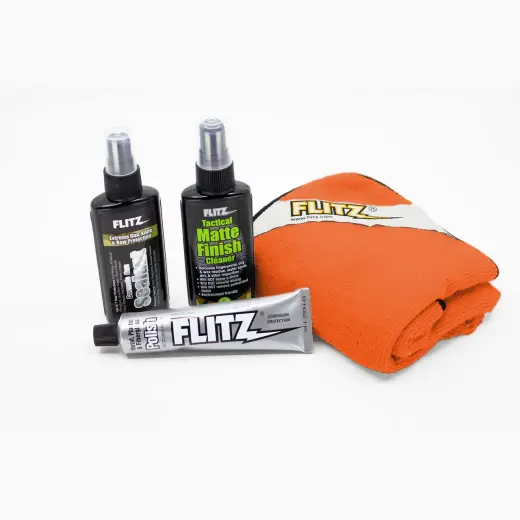 Flitz Tactical Gun and Knife Care Kit. Praktická sada chrání a čistí střelné zbraně a čepele. Obsahuje leštidlo, čistič matných povrchů, ochranný roztok a utěrku z mikrovlákna.